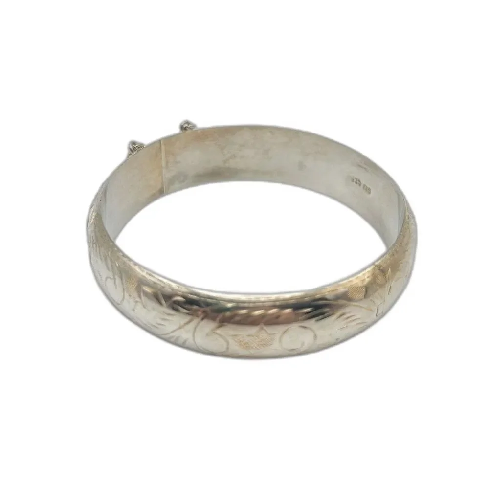 Sterling Silver 925 FAS Hinged Bangle Bracelet, Etched Design, Vintage